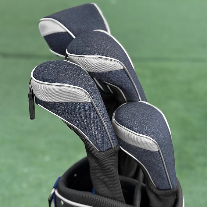 Andux 3pcs/Set Nylon Golf Wood Club Head Covers with Long Neck | for 460cc Driver Fairway Wood Club Silver Piping Pull-On Closure