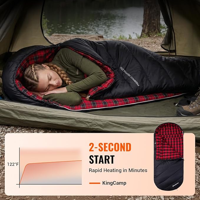KingCamp Sleeping Bag for Adults Big and Tall, Cold Weather Camping Sleeping Bag with Soft 100% Cotton Flannel Lining, Portable Lightweight Outdoor Traveling & Car Camping