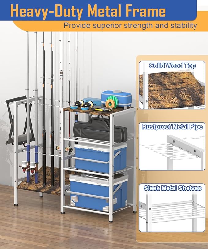 Fishing Rod Holders for Garage, Fishing Pole Holder Stand with Multifunctional Hook, 4 Tier Fishing Gear Equipment Organizers Rack, Fits Most Rods of 1.58" for Home Entryway Corner