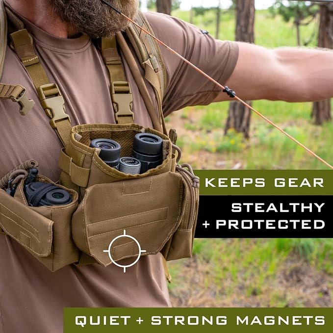 Waterproof Binocular Harness Chest Pack - Lightweight Bino Harness With Rangefinder Pouch, Binocular Case Chest Harness with Silent Magnetic Closure - MOLLE System Hunting Gear for Hunting