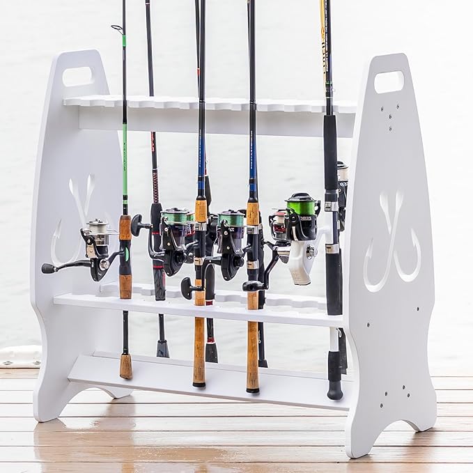 StoreYourBoard Marlin Fishing Rod Rack for Garage & Dock | Freestanding Fishing Pole Holders for Garage Holds Up to 24 Rods & Reels | Washable Weather-Resistant PVC Fishing Rod Storage Organizer