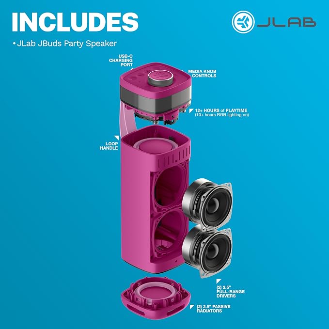 JLab, JBuds Party, Portable Bluetooth Speaker, Waterproof Outdoor Speaker, RGB Lighting, Multi-Speaker Connect, Mulberry