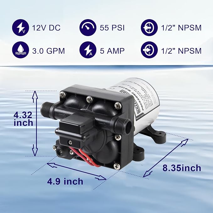 WASSERMANN RV Water Pump 12 Volt DC 3.0GPM 55PSI Replacement For 4008-101-A65 Water Pump Self Priming Diaphragm Pump with Pressure Switch for RV Kitchen Bathroom Marine Yacht Garden Camper Water Pumps