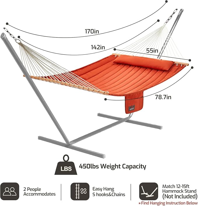 CHULIM Double Quilted Fabric Hammock with Hardwood Spreader Bars and Pillow 450 LBS Capacity 2 Person Large Hammock for Outdoor Patio Backyard Poolside - Terracotta