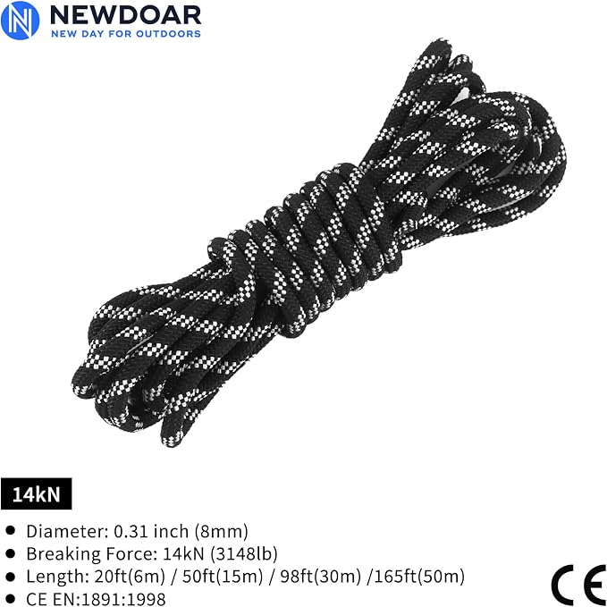 NewDoar Static Climbing Rope - 8mm (5/16c) / 10mm (3/8”) Double Braid Accessory Cord for Rock,Hauling, Prusik, Survival - Pre-Cut 20FT, 50FT, 100FT, 165FT Lengths - Outdoor, Fire Rescue Equipment