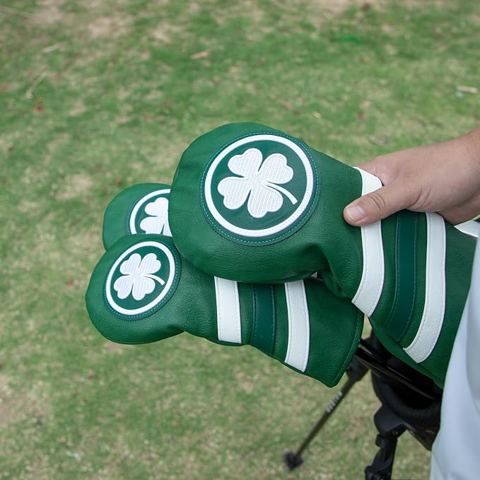 Headcovers, Leather Golf Club Covers, 1pc or 3pcs Set Lucky Clover Driver Headcover, 3 Wood Head Cover, Hybrid Rescue UT Headcover, Classic Golf Accessories