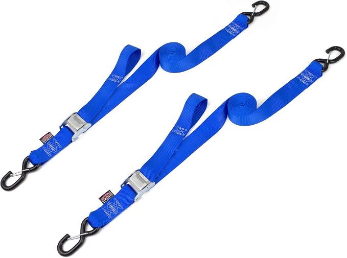 PowerTye Cam Buckle Tie Down Straps – 2 inch x 12ft Straps with Latch Hooks – Ideal for Motorcycle, ATV, Trailers, and Truck Bed Cargo – 600 lb WLL & 1,800 lb Break Strength – USA Made, Blue (Pair)