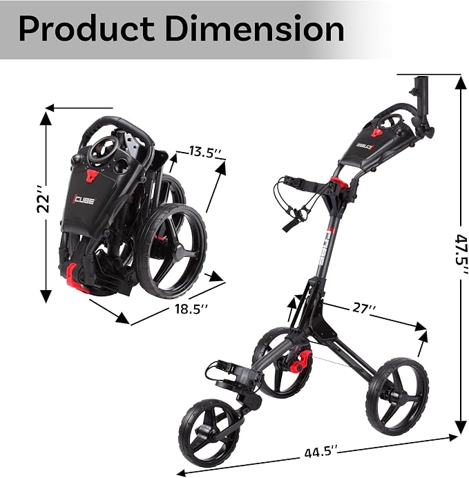 CUBE CART 3-Wheel Golf Push Cart – Ultra-Compact 14.5 lb Folding Golf Trolley, Two-Step Fold, Adjustable Handle, Foot Brake, Umbrella Holder & Built-in Storage
