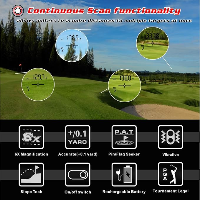 Golf Rangefinder, 6X Rechargeable Laser Range Finder 1000 Yards with Slope Adjustment, Flag Seeker with Vibration and Fast Focus System, Continuous Scan Support, Help You Choose The Right Club