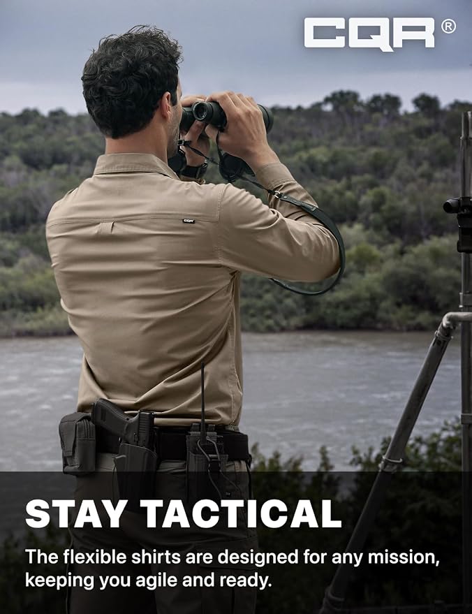 CQR Men's Long Sleeve Tactical Shirts, Ripstop Military Work Shirts, UPF 50+ Breathable Button Down Outdoor Hiking Shirt