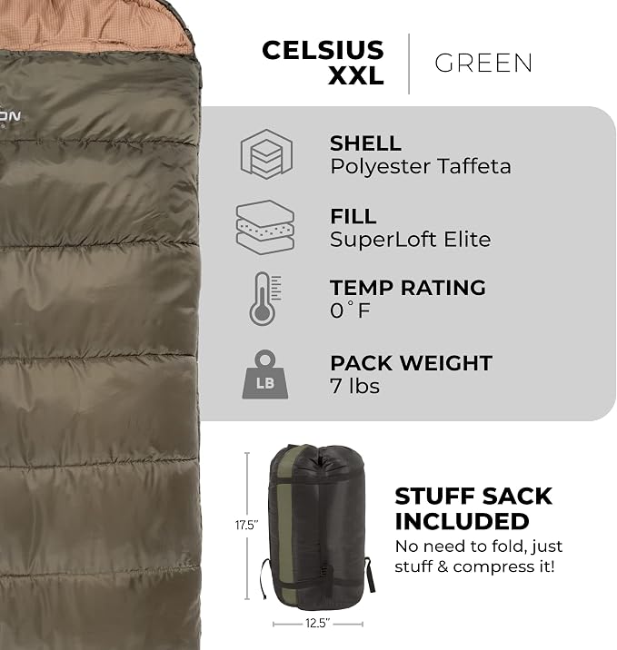Teton Celsius XXL Sleeping Bag, Cold Weather Sleeping Bags for Adults and Kids, Camping Made Easy and Warm. Compression Sack Included
