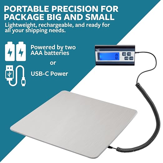 Smart Weigh Digital Postal Shipping Scale, 440 lb Capacity, 1 oz Readability, Hold & Tare Functions, Battery or USB-C Power, Corded Display, Stainless Steel Large Platform, Silver