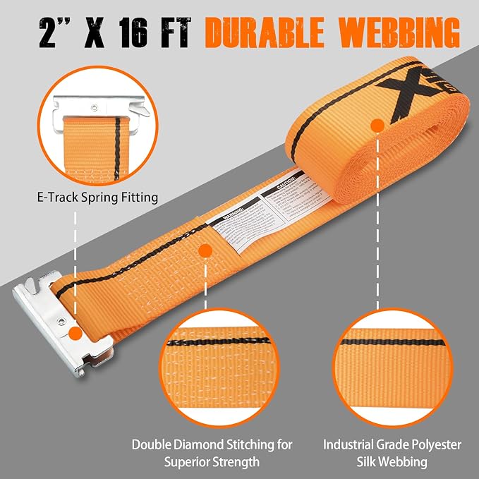 XSTRAP STANDARD 4 Pack E-Track Ratchet Straps 2" x16', 4400 LBS Break Strength Interior Van Solution Heavy Duty Tie Down Strap for Moving, Truck, Trailers, Motorcycles, Kayaks, Car Roof, Orange