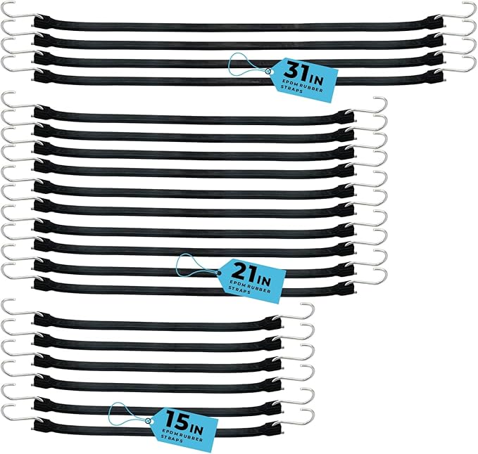 XSTRAP STANDARD 20 Pack Multiple Size Natural Rubber Tarp Bungee Straps 100% EPDM Tie Down Cords with S Hooks Heavy Duty Ideal for Securing Tarps