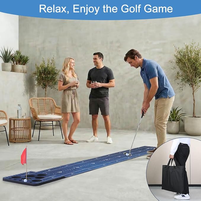 Chriiena Golf Putting Game Mat, Indoor Putting Green Set for Party Game | With 2 Balls, 1 Flag & Cup, Portable Pong Game Mat, Golf Games for Adults, For Backyard, Office, Party Use