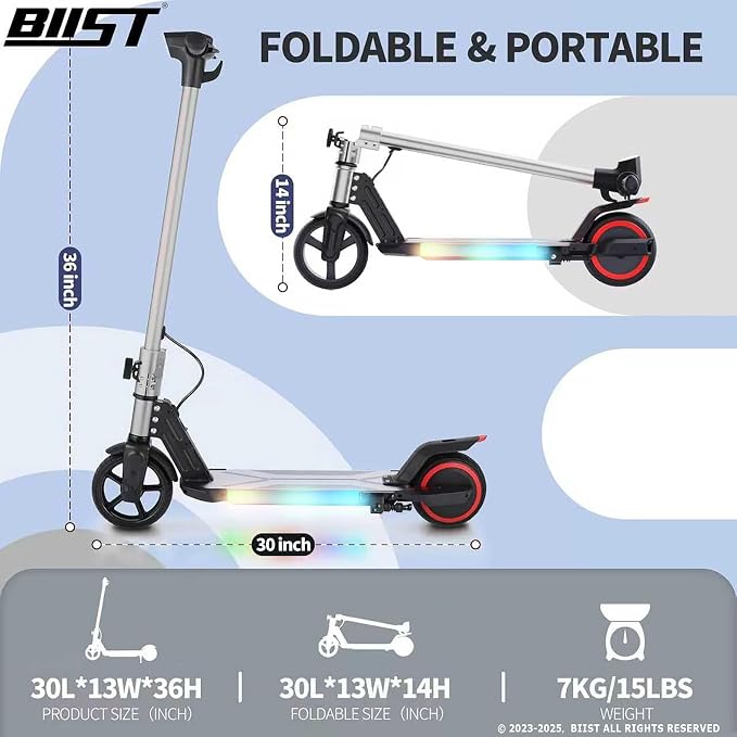 BIIST Foldable Electric Scooter for Kids, with LED Front Head Lights, Bar Lights, Shining Pedal Lights, LED Display, Dual Brakes 150W Motor Kids Electric Scooter， UL2272 Approved