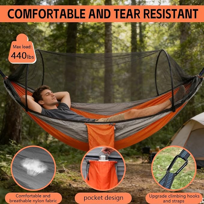 Camping Hammock with Mosquito Net - Double & Single Portable Hammocks with 2 Tree Straps, Lightweight Hammock Tent for Outdoor Camping, Hiking, Backpacking, Beach & Backyard (Orange)