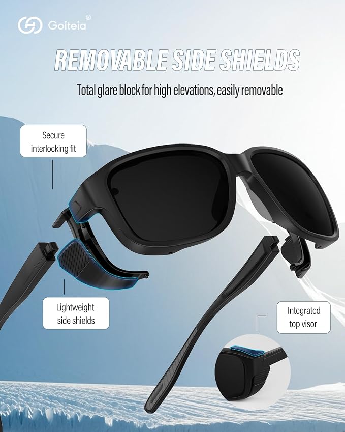 Goiteia Hiking Sunglasses, Polarized Anti-Reflective Glacier Sunglasses, Wrap Around Sunglasses with Removable Side Shields for Adventure, Snow, Mountain, Fishing,Trekking, 100% UV Protection