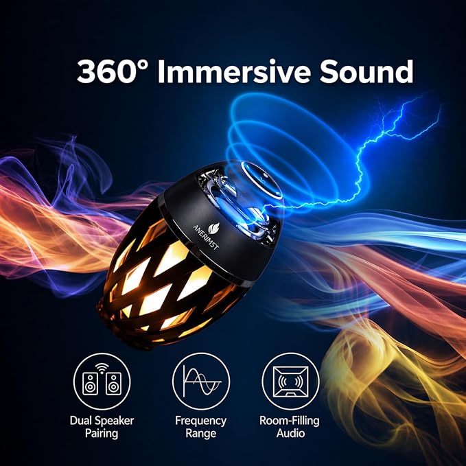 ANERIMST for Dad, Outdoor Bluetooth Speakers with LED Torch Light – Wireless & Waterproof Speaker for Garden, Patio, 360° Sound, 24-Hour Playtime for Men, 2 Pack (Black)