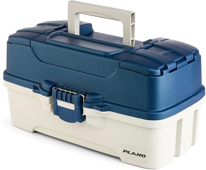 Plano Three-Tray Tackle Box Striper Kit, Blue/Grey, Rust-Proof Brass Latch, Top-Access Tray Compartments with Deep Storage, Made in the USA, Portable Fishing Gear Storage Organizer