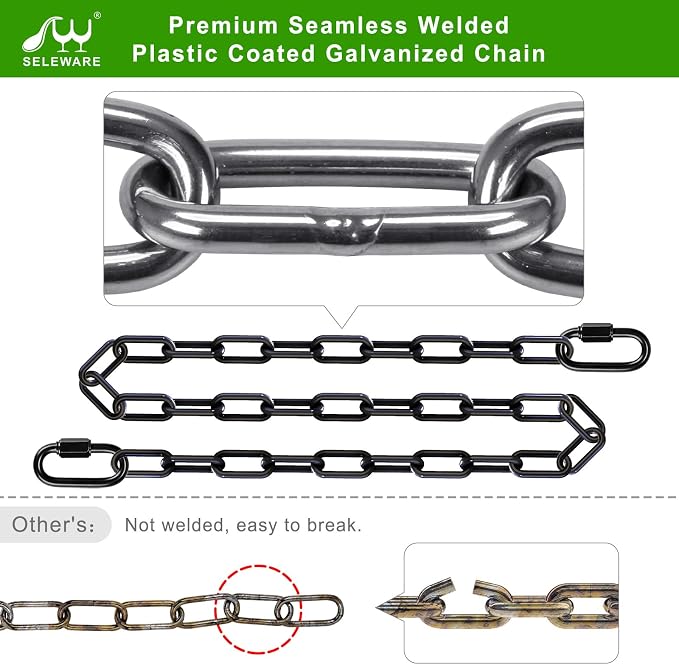 SELEWARE 2 Pack 100 Inch Hanging Swing Chain with 4 Carabiners, 1000LB Capacity Plastic Coated Hanging Chains, Hammock Hardware Kit for Swing, Hanging Chair, Punching Bags, Indoor Outdoor Gym (Black)