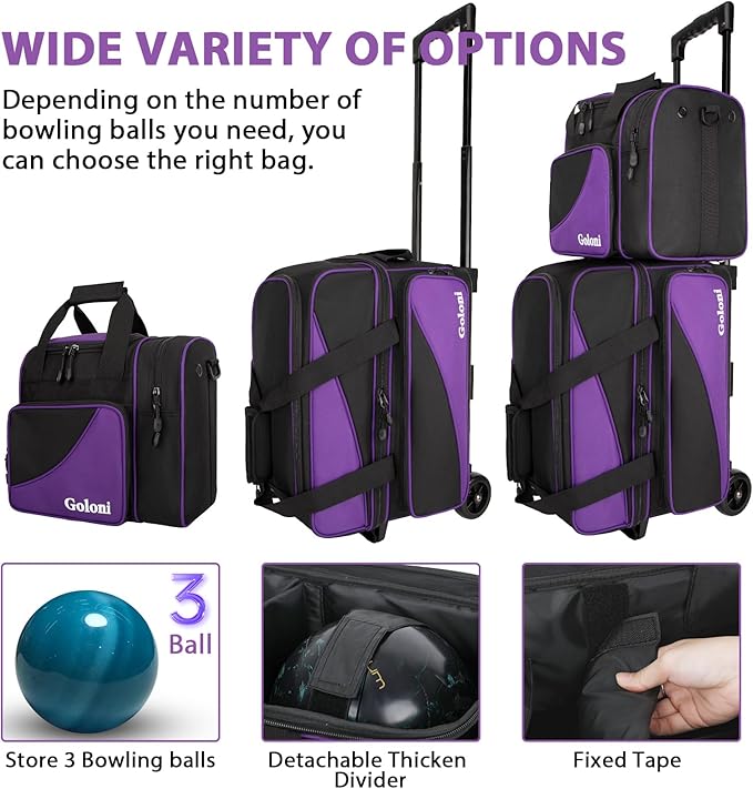 Goloni 3 Ball Bowling Bag with Wheels, 2+1 Double Roller Bowling Bag with Shoe Compartment,Tote Bag for Bowling Accessories