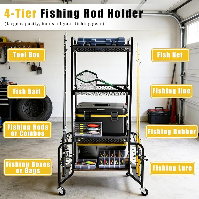 Cyfie 4-Tier Fishing Rod Rack – Mobile Heavy-Duty Fishing Rod Holder for Indoor & Outdoor Use, Organize Up to 10 Rods, Gear & Tackle, Garage, Pool Room Storage