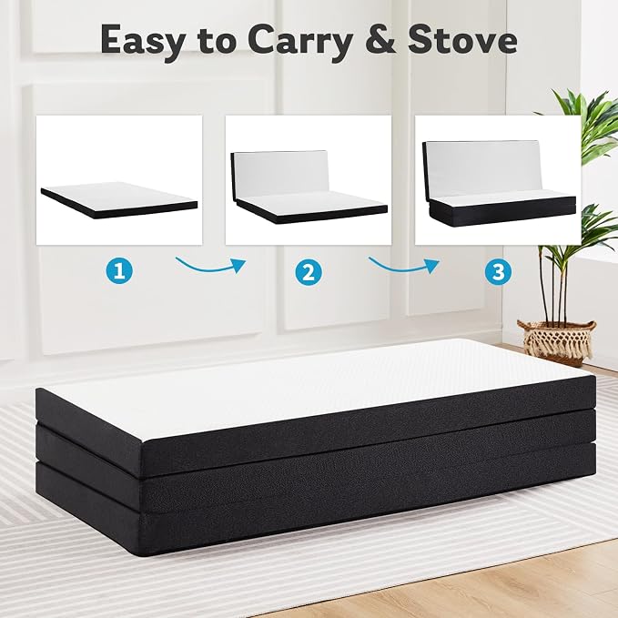 Tri-Fold Full Memory Foam Pads, 4 inch Folding Topper with Washable Cover, Portable Non-Slip Guest Floor Bed for Camping Travel – Ideal for Overnight Guests, RV, and Outdoor Adventures