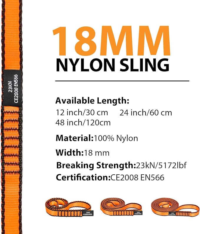 18MM Nylon Climbing Sling Runner - 23KN CE2008/EN566 Certified Outdoor Climbing Webbing for Rock Climbing, Rappelling, Mountaineering, Swing Gear, Outdoor Adventures & Emergency Anchoring