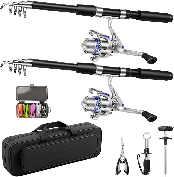 2.1M Telescopic Fishing Rod and Reel Combo Kit for Beginner Anglers, 2PCS Collapsible Fishing Poles + 2PCS Spinning Reels with Fishing Accessories Portable Fishing Gear Set for Saltwater Freshwater