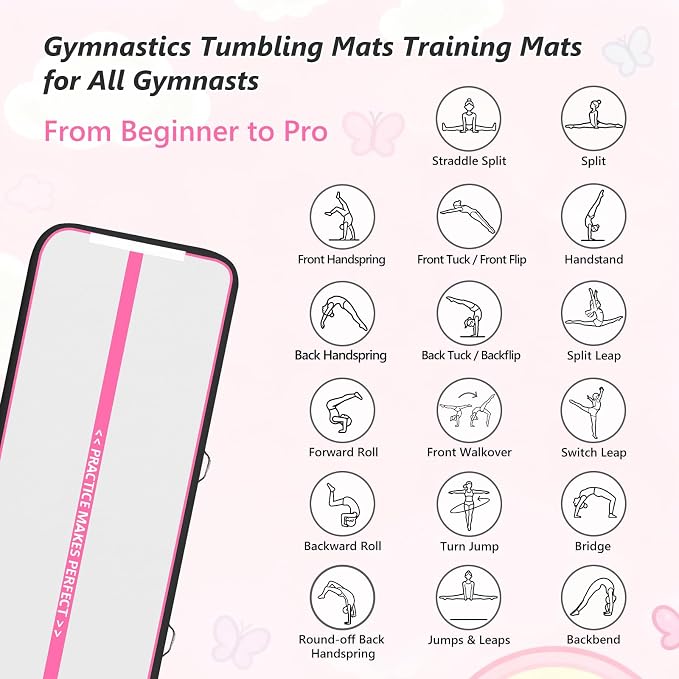 VOFiTNY All Purpose Gymnastics Mat 6.6/10/13/16/20 ft Sturdy Inflatable Tumble Track for Home/Gym