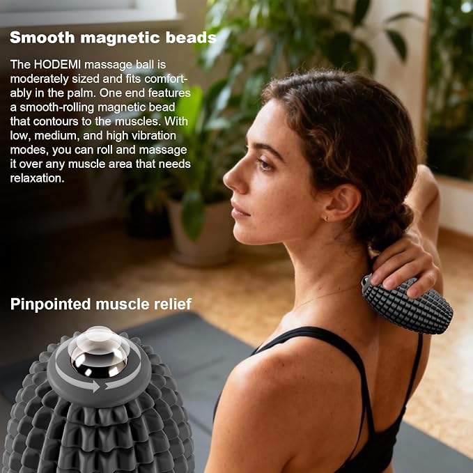 HODEMI Vibrating Massage Ball Roller with Rolling Head for Foot & Muscle Relaxation, Electric Massage Ball with 3 Speeds for Myofascial Release, Sports Recovery, Yoga & Fitness (Black)