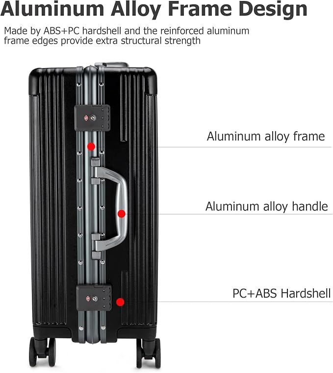 feilario Aluminium Frame PC Hard Shell Spinner Wheels Luggage,22.5"X15"X9.5" Airline Approved Built-In TSA lock Carry on Suitcase, with Cup Holder, USB Port, Phone Holder