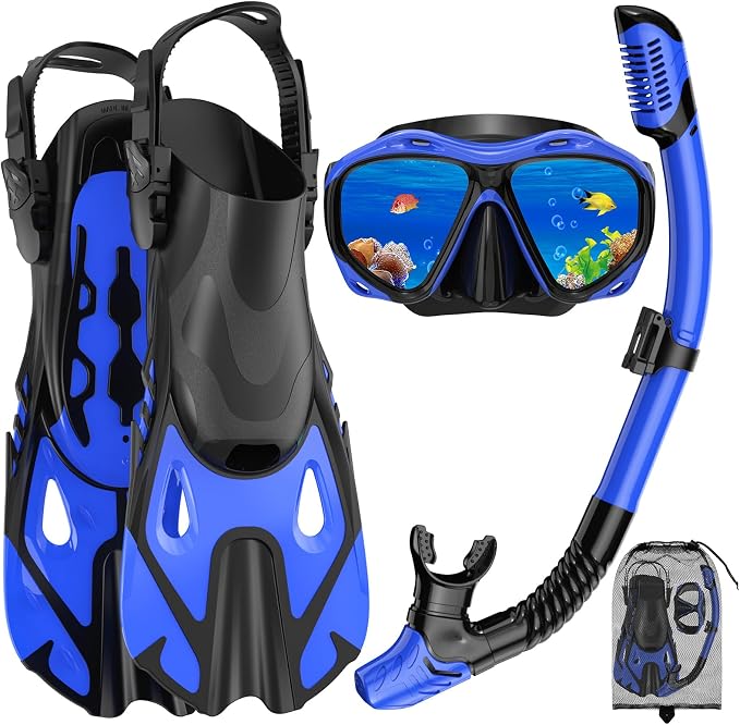 Snorkeling Gear for Adults, Mask Fin Snorkel Set, Dry Top Snorkel Mask, Panoramic View Anti-Leak Anti-Fog 3 in 1 Snorkeling Kit Travel Diving Package with Storage Bag