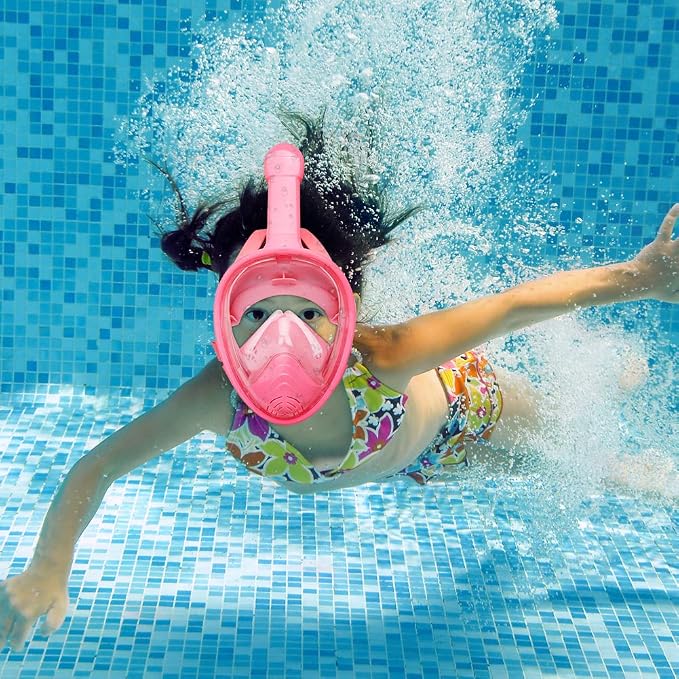 QingSong Kids Snorkel Mask Full Face, Snorkeling Set with Camera Mount, Foldable 180 Degree Panoramic View Snorkeling Gear Anti-Fog Anti-Leak