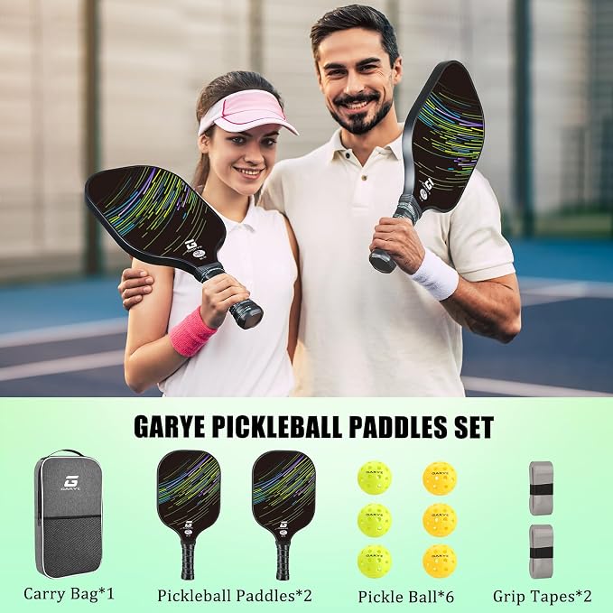 GARYE Pickleball Paddles Set of 2 or 4, USAPA Approved Carbon Fiber Pickleball Set, Lightweight Pickle Ball Rackets 2 Pack with 6 Balls, 1 Bag, Pair of Grip Tapes, Pickle Ball Paddle for Men and Women