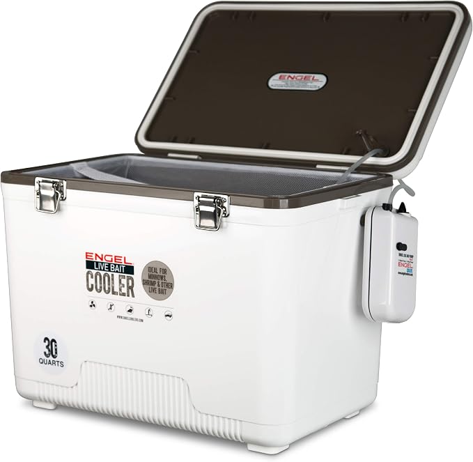 Engel Live Bait Cooler Box with 2nd Gen 2-Speed Aerator Pump - Portable Fishing Station & Minnow Bucket for Shrimp & Other Live Fish with Aerator - ENGLBC-N