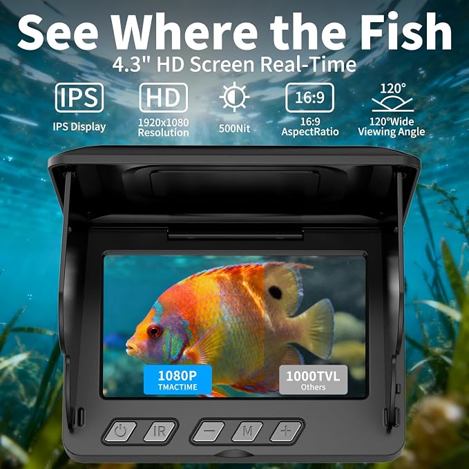 Underwater Fishing Camera,4.3 Inch HD Fishing Camera with 12 Infrared Night Vision Lights, 1000TVL Wide Angle IP68 Waterproof Fishing Camera for Lake Boat Kayak Ice Fishing