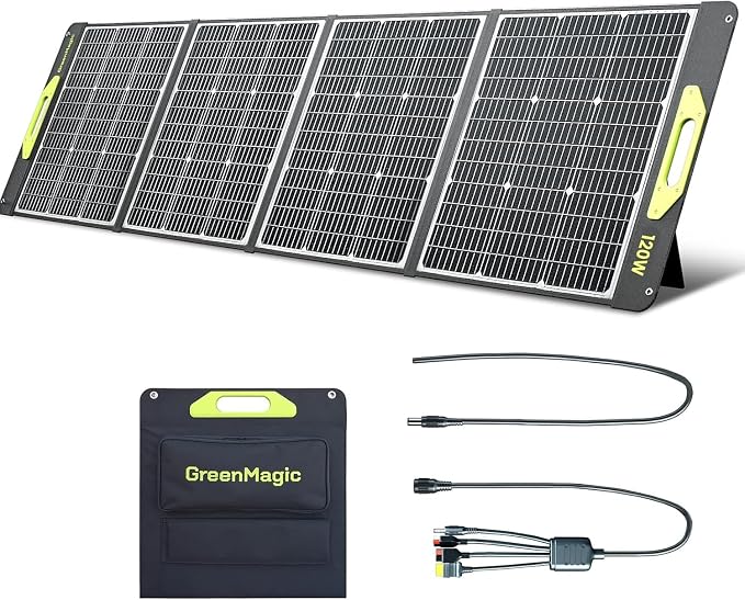 Greenmagic 120 Watt Portable Solar Panel, Foldable 120W Solar Panel Charger 19V for Power Station Outdoor Camping RV Home IP67 Waterproof with an Adjustable Kickstand Case High 23% Efficiency