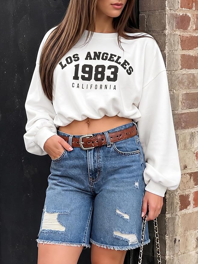 Flowyair Womens Crewneck Sweatshirt Los Angeles Elastic Waist Crop Tops | Long Sleeve, Loose Fit, Fall Spring, Pullover Tops, Round Neck, Elasticated Hem