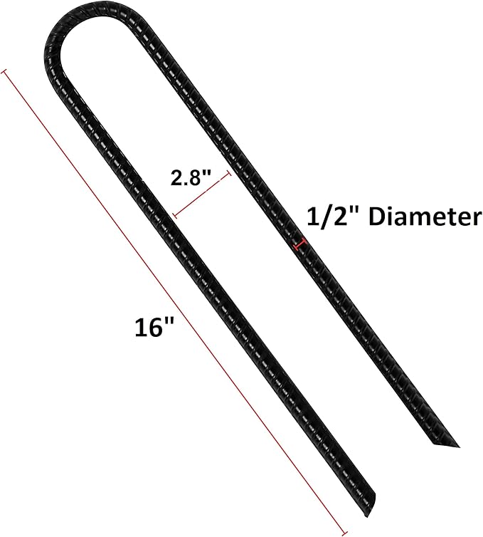 16” Extra Heavy Duty Trampoline Anchor Rebar Stakes U Shape, 1/2" Diameter Black Powder Coated Rebar Steel - Set of 8 Ground Anchors for Camping Tent - Garden Staples – Sharp End