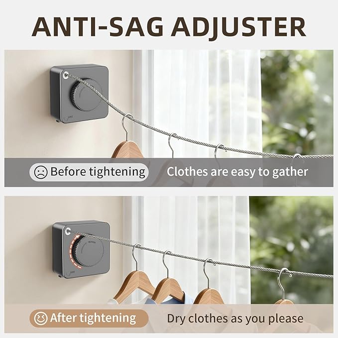 Anti-Sag Retractable Clothesline 40LB Capacity - 201in Stainless Steel Laundry Line for Indoor Outdoor, Wall Mounted Space Saving Easy Install (Gray, with Pole)