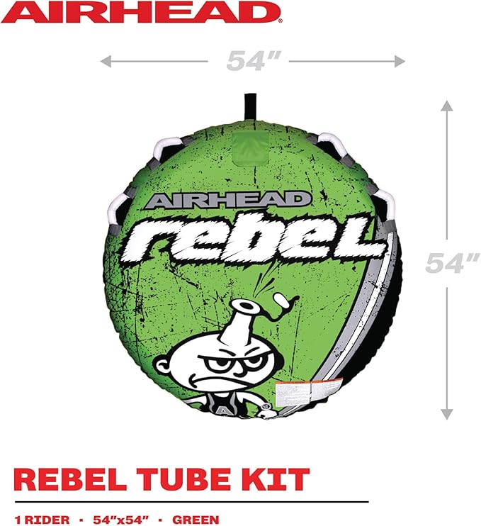 Airhead Rebel Towable Kit 1 Rider Tube with Rope and Pump, Kwik-Connect Tow, Double-Stitched Full Nylon Cover & Speed Safety Valve for Easy Inflating & Deflating
