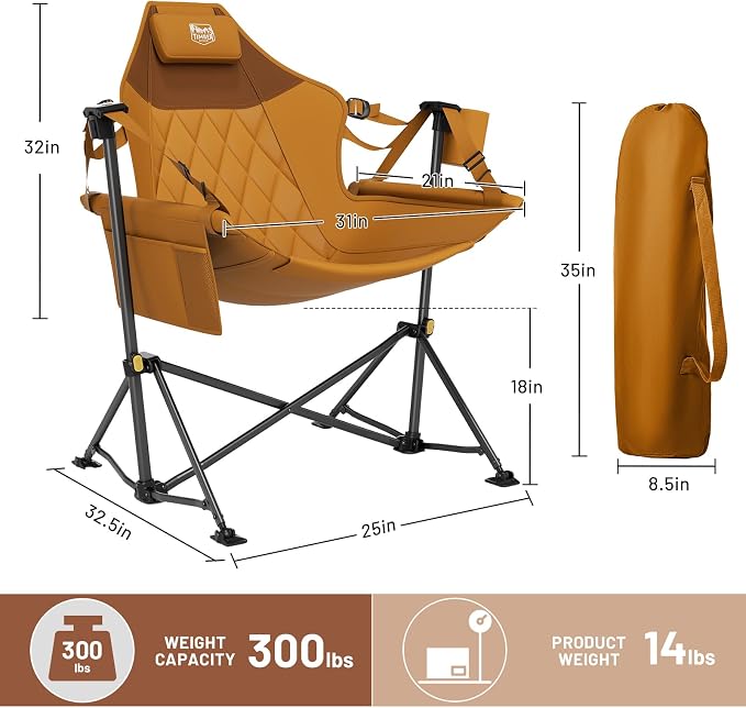 Timber Ridge Hammock Camping Chair with Adjustable Backrest, Heavy Duty Folding Hammock Chair Supports 300lbs, Portable Hammock Chair for Camping, Travelling and Patio, Orange