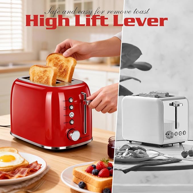 Aigostar Toaster 2 Slice, Retro Extra-Wide Slot Toasters Best Rated Prime for Toasting Bagels, Breads, Waffles & More, Cancel, Defrost & 6 Browning, Removable Crumb Tray, Stainless Steel, Red
