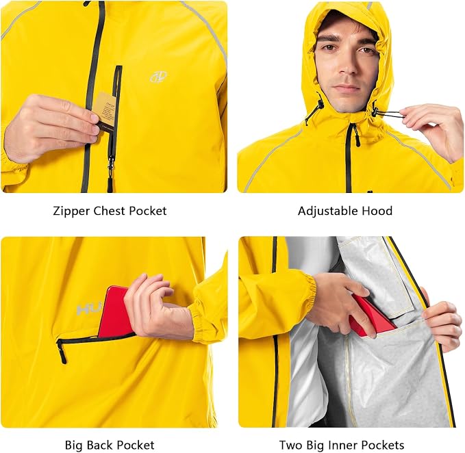 Hugut Men's Cycling Running Rain Jacket Lightweight Waterproof Biking Hiking Windbreaker Raincoat Reflective Packable