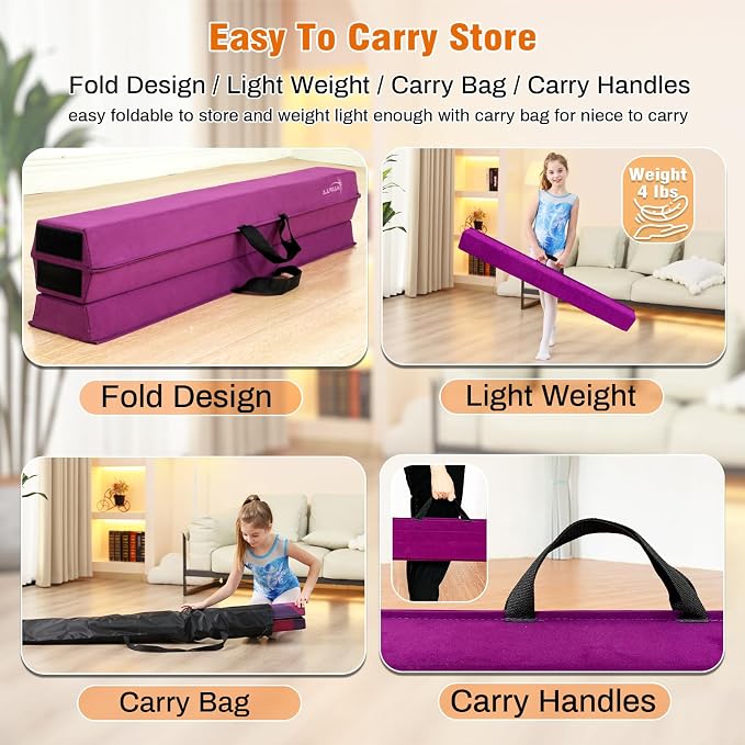 MARFULA 6 FT / 8 FT / 9 FT Folding Gymnastics Beam Foam Balance Floor Beam - Extra Firm - Suede Cover - Anti Slip Bottom with Carry Bag for Kids/Adults Home Use