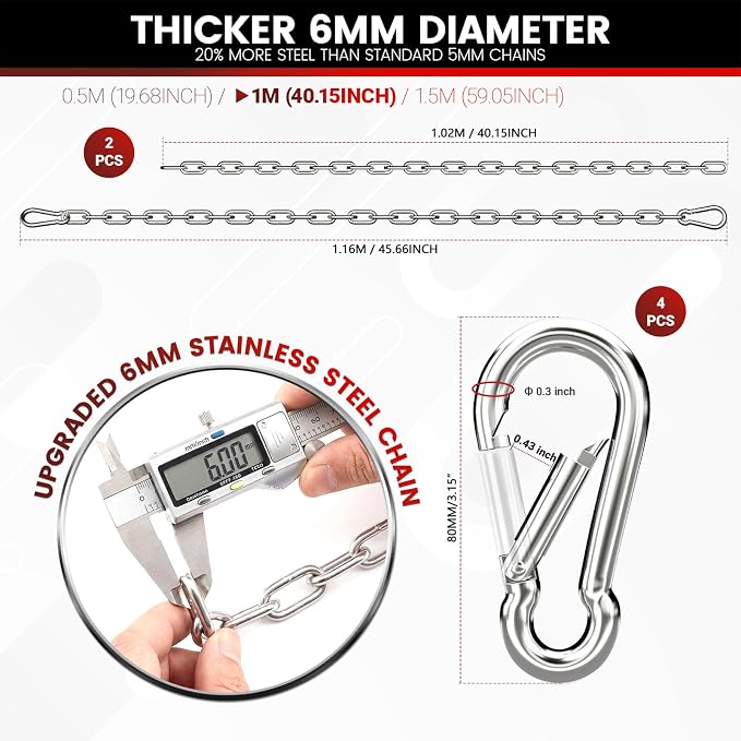 sprookber 1000LB Heavy Duty Hanging Swing Chain, 6mm Thick 304 Stainless Steel Hanging Chain with 4 Carabiners, 45" Hardware Kit for Hammock, Hanging Chair, Punching Bags, Tree, Indoor & Outdoor