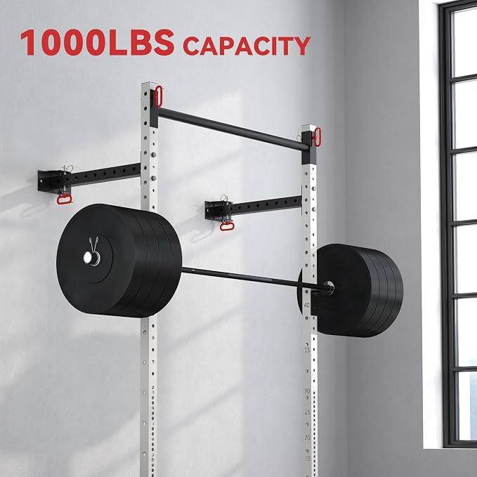 Soozier Folding Squat Rack with Adjustable Pull-Up Bar, 1000 Pounds Capacity Wall Mounted Power Rack, Adjustable Steel Barbell Rack with J Hooks for Home Gym Full Body Workout