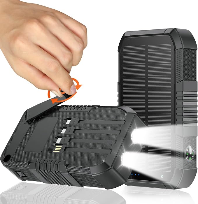 Solar Power Bank 66800mAh Built in Hand Crank and 4 Cables 22.5W Fast Charge, Camping Essentials with SOS/Strobe/Strong Flashlights, Compass Portable Charger (Black)